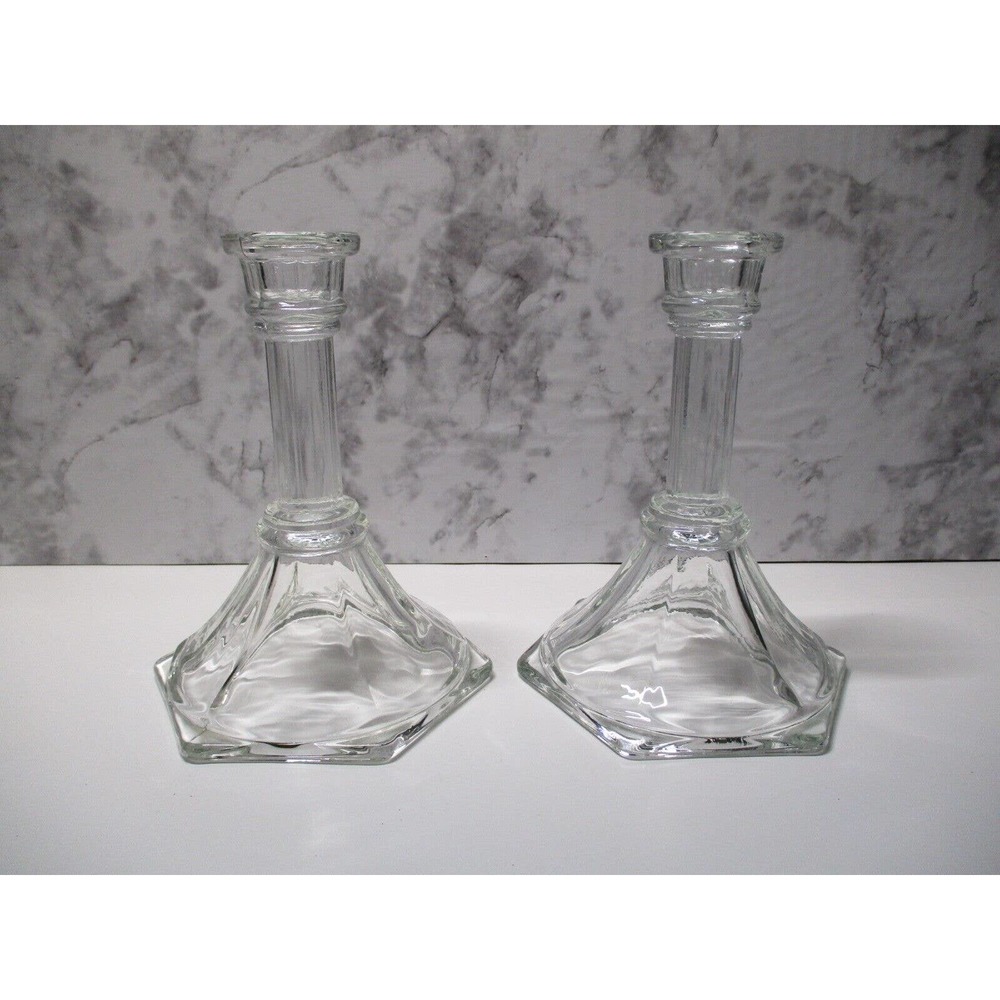 (2) Vintage Clear Glass Candleholders H 6"/15.24cm Taper Home Interiors Art Deco